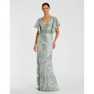 Mac Duggal Green Bell Sleeve Floral Embellished Gown 18 NWT Wedding MSRP $498!